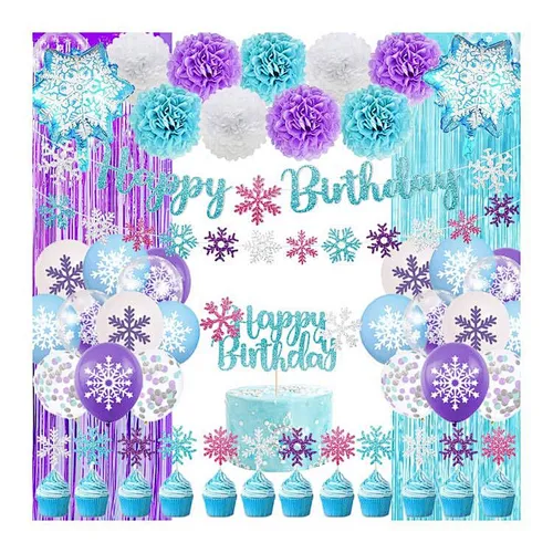 HKH  Glitter  Banners Paper Pompom Cake Toppers Tinsel Fringe Frozen Snowflake for Birthday Party Decorations
