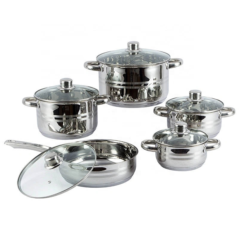 Hot sale high quality stainless steel 10 piece kitchen cookware set with glass lid