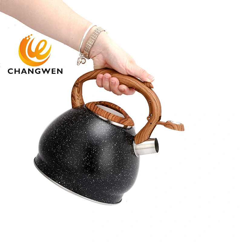 Tea Kettle Natural Stone Finishing with Wood Pattern Handle Loud Whistle Food Grade Stainless Steel Teapot