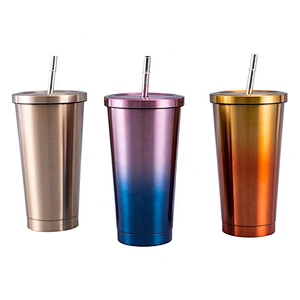 500ml Gradient Color Coffee Mug Travel Cup Stainless Steel Insulated Tumbler with Straw and lid