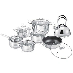 High standard production kitchen wholesale Brand 14pcs colorful stainless steel capsulate bottom cookware set kitchen accessory