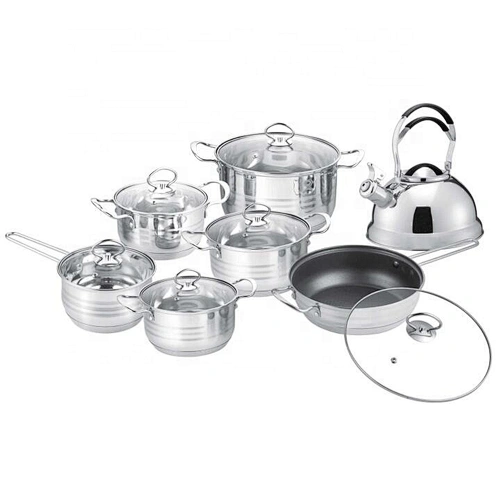 High standard production kitchen wholesale Brand 14pcs colorful stainless steel capsulate bottom cookware set kitchen accessory