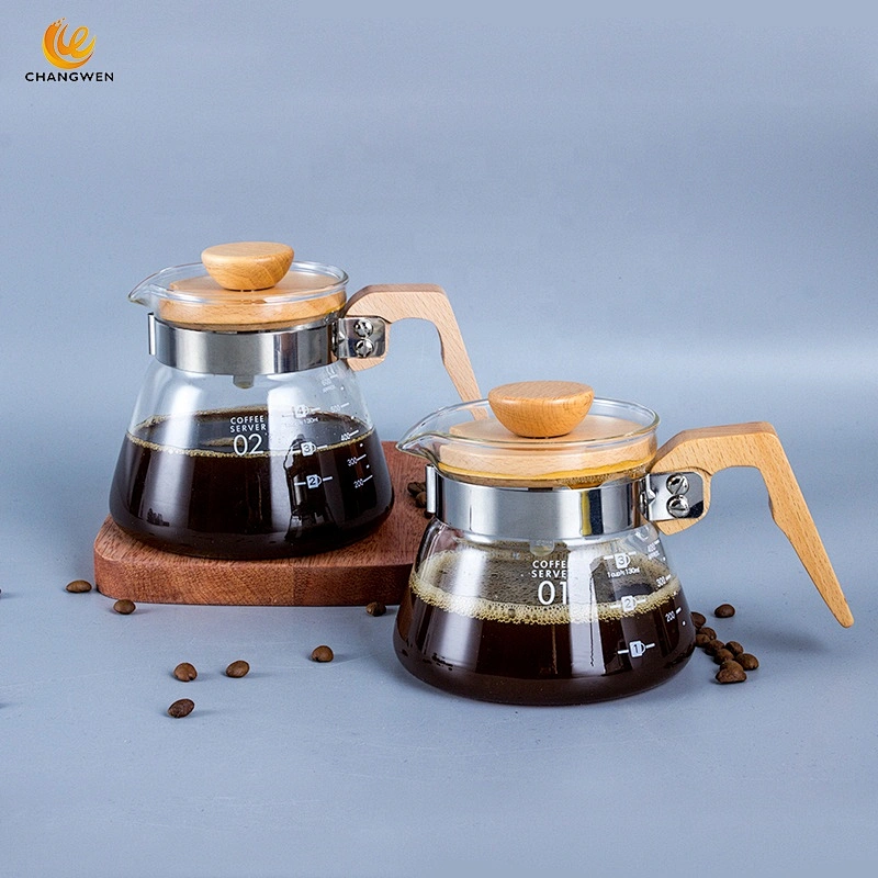 High Borosilicate Coffee Pot 400ml/600ml Glass Coffee Maker Pour Over Coffee Tea pot with Wood Handle