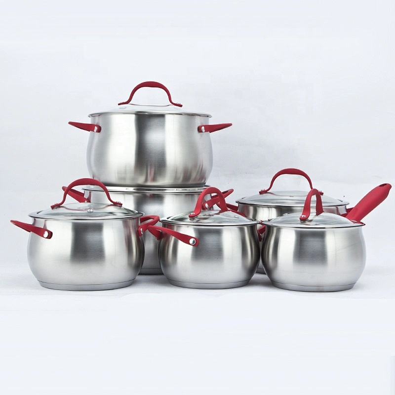 6pcs/8pcs/12pcs Casting stainless steel belly shape cooking pot cookware set with glass lid