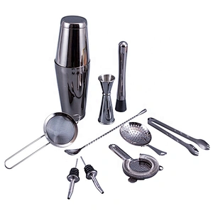 Professional 10 pcs stainless steel bar tools bamboo wood holder cocktail shaker bartender kit