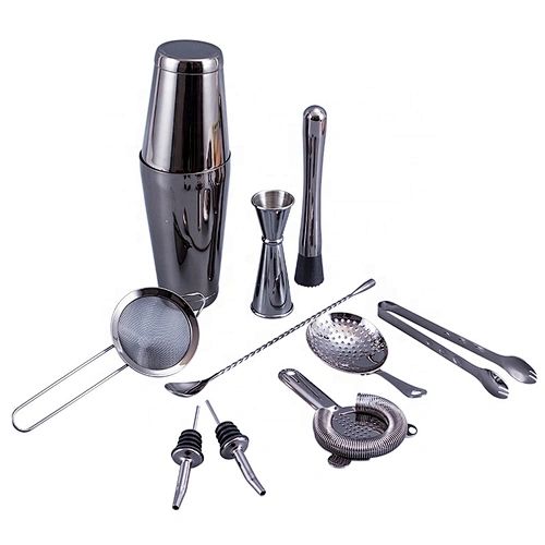 Professional 10 pcs stainless steel bar tools bamboo wood holder cocktail shaker bartender kit