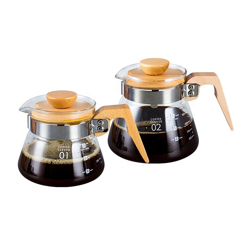 High Borosilicate Coffee Pot 400ml/600ml Glass Coffee Maker Pour Over Coffee Tea pot with Wood Handle