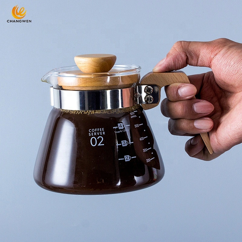 High Borosilicate Coffee Pot 400ml/600ml Glass Coffee Maker Pour Over Coffee Tea pot with Wood Handle