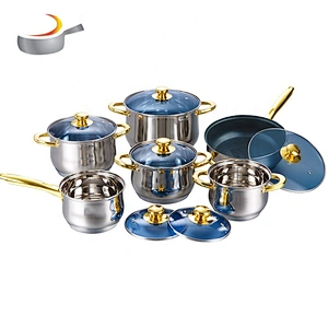 Kitchen accessories technique tri ply 12pcs Stainless Steel Cookware Sets fry pan saucepan set with ss handle gold handle