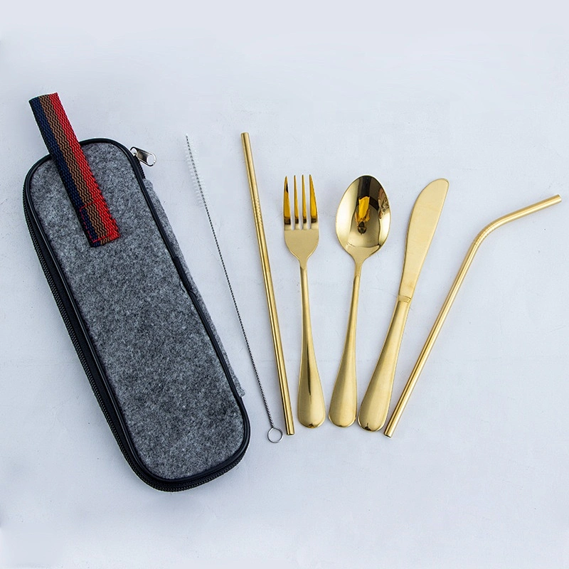 7 pcs Reusable Lunch Cutlery Set/Stainless Steel Straws with Brush/Travel Camping Flatware Set
