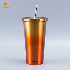 500ml Gradient Color Coffee Mug Travel Cup Stainless Steel Insulated Tumbler with Straw and lid