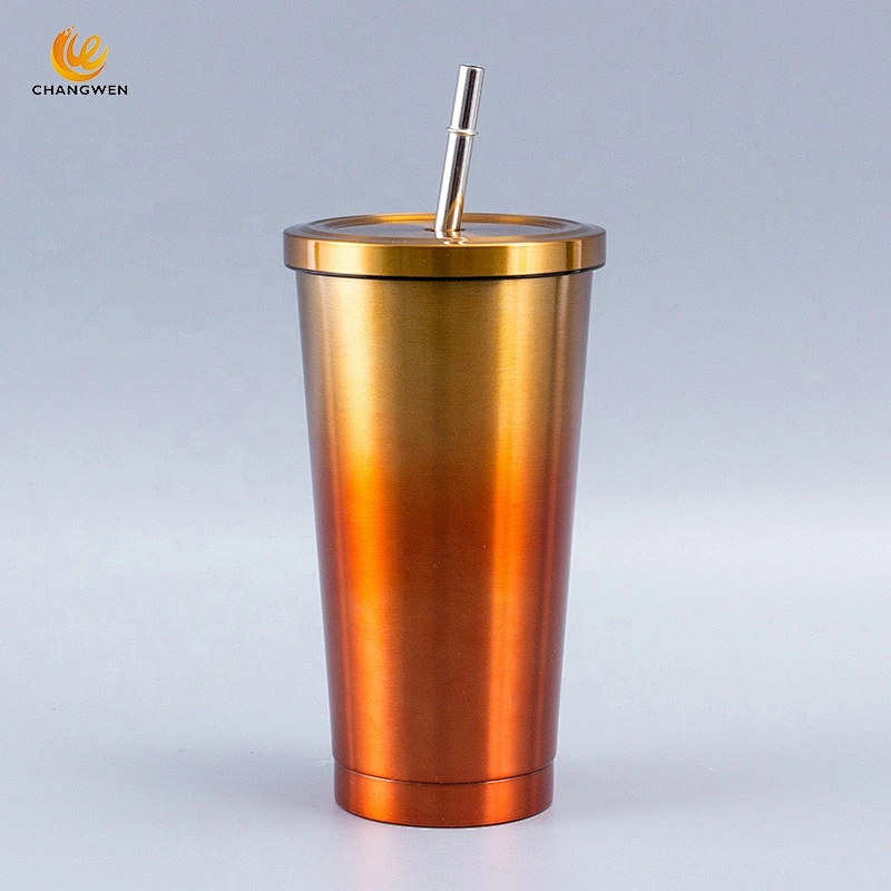 500ml Gradient Color Coffee Mug Travel Cup Stainless Steel Insulated Tumbler with Straw and lid