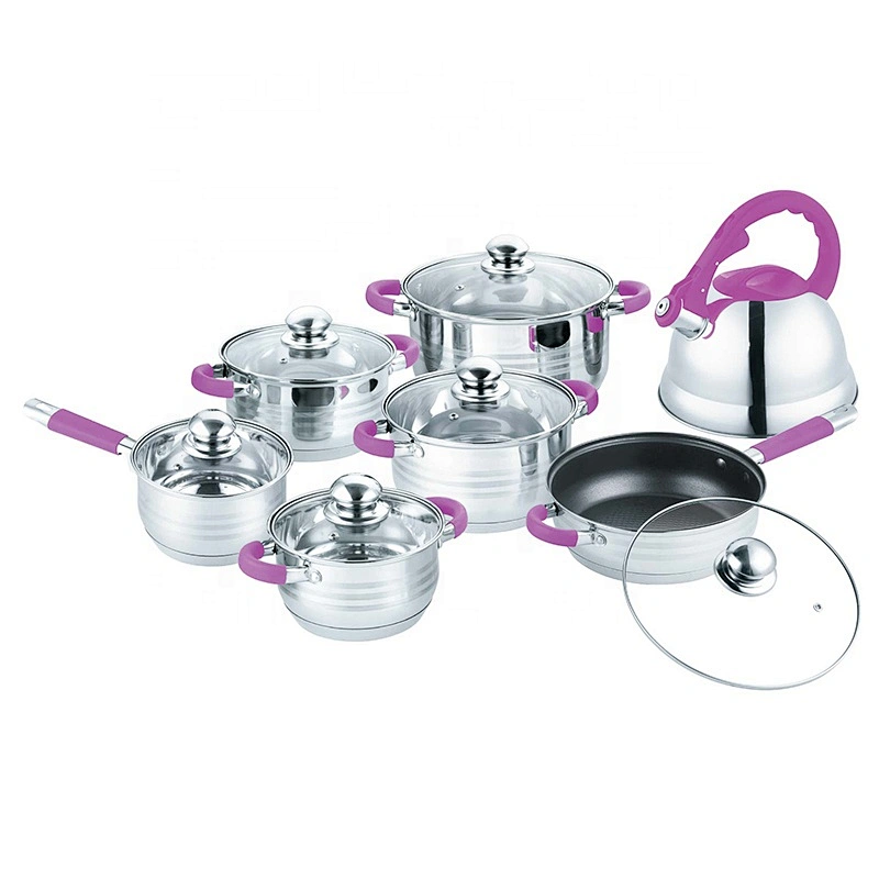 High quality mirror polishing 14pcs stainless steel silicone cover hot pink cookware set