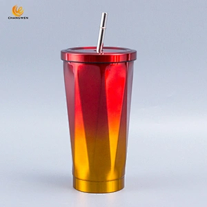 Wholesale 500ml Colorful Diamond Shape Gradient Drinking Cup Coffee Mugs Stainless Steel Water Tumbler with Straw