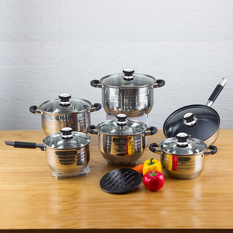 Wholesale Glass Lid Kitchen camping Stainless Steel silicone handle cooking Pot casserole sets