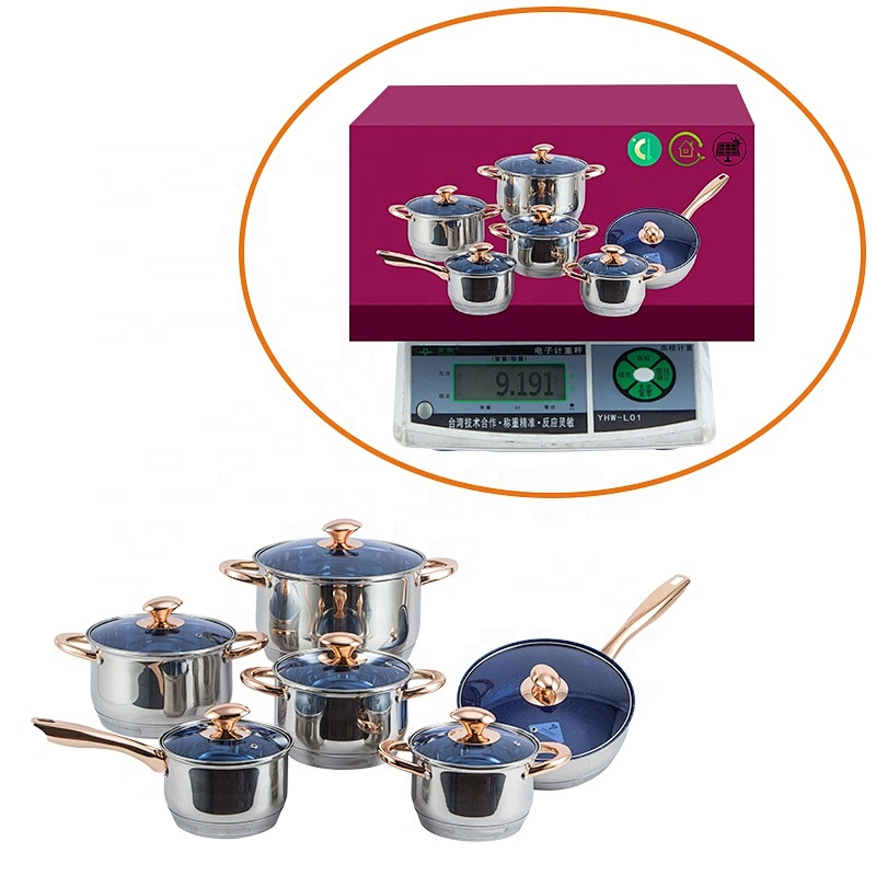 Eco friendly customized cookware kitchenware 12 pieces italian stainless steel blue marble frypan cookware set