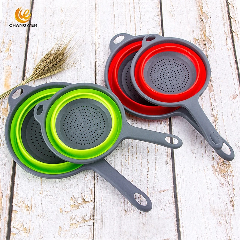 New Design collapsible Silicone Water Drain Basket Folding Fruit Vegetable Water Draining Basket with Long handle