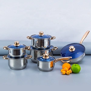 12pcs stainless steel cookware set with blue glass cover and hollow handle