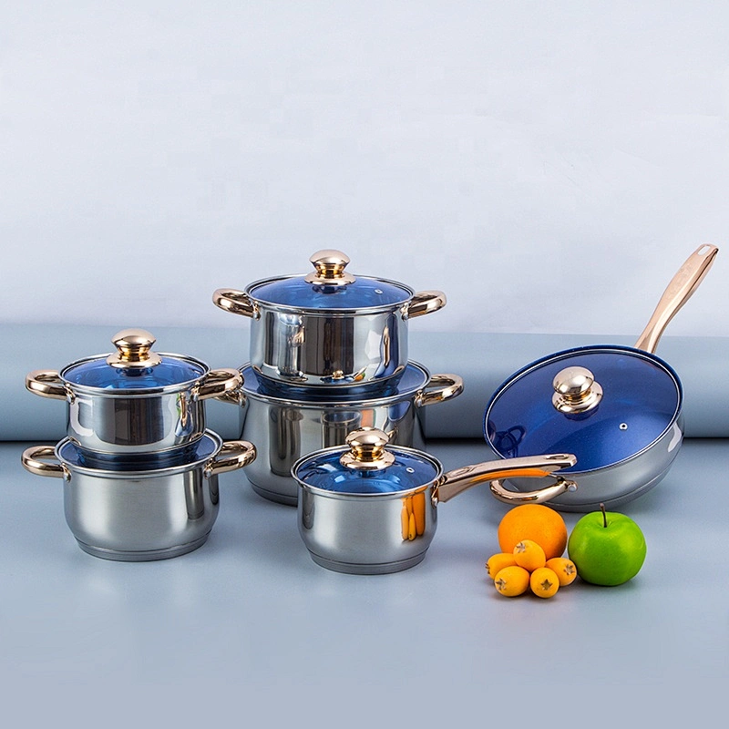 12pcs stainless steel cookware set with blue glass cover and hollow handle