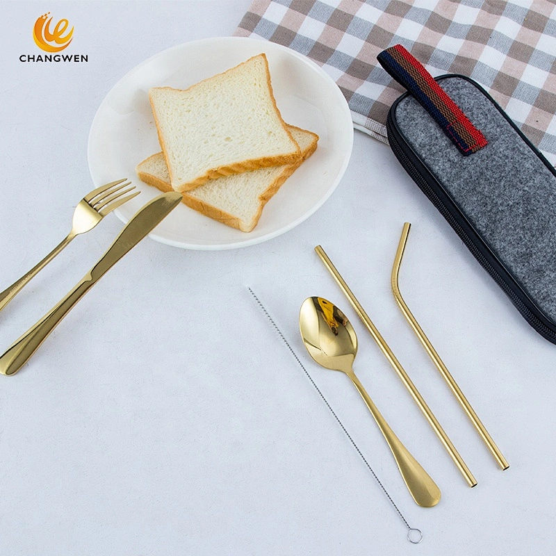 7 pcs Reusable Lunch Cutlery Set/Stainless Steel Straws with Brush/Travel Camping Flatware Set