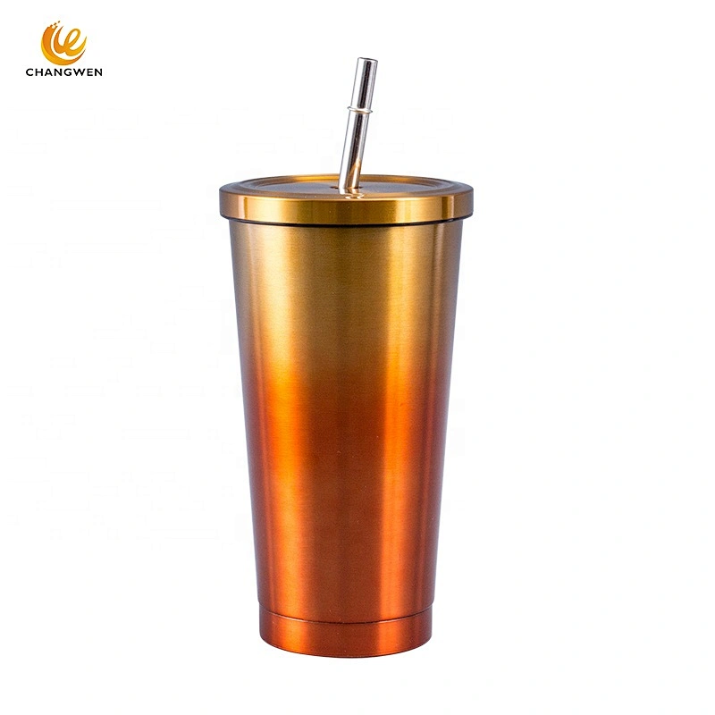 500ml Gradient Color Coffee Mug Travel Cup Stainless Steel Insulated Tumbler with Straw and lid