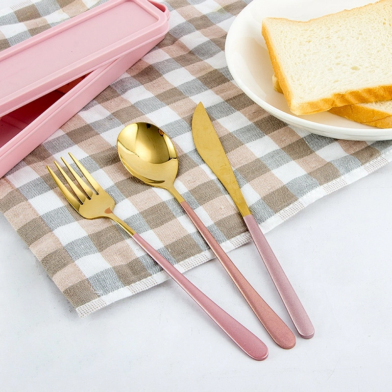 3pcs flatware gold plating stainless steel spoons forks and knives cutlery set with pp box