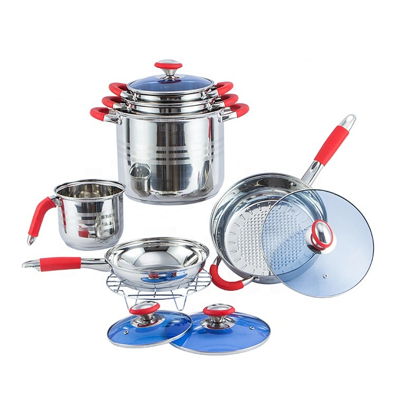 12 pcs Kitchen Cookware Stainless Steel cookware set with glass lid