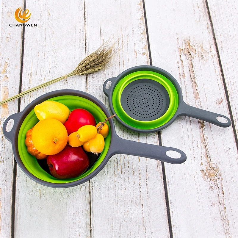 New Design collapsible Silicone Water Drain Basket Folding Fruit Vegetable Water Draining Basket with Long handle