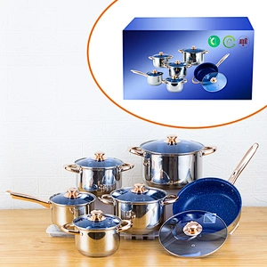 12pcs stainless steel cookware set with blue glass cover and hollow handle