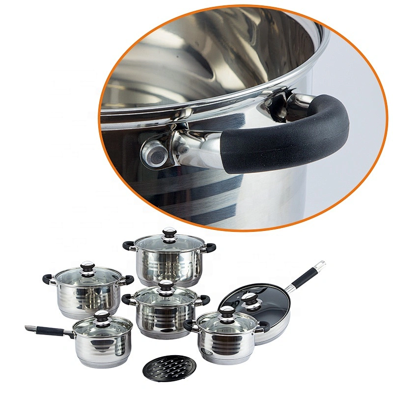 Wholesale Glass Lid Kitchen camping Stainless Steel silicone handle cooking Pot casserole sets