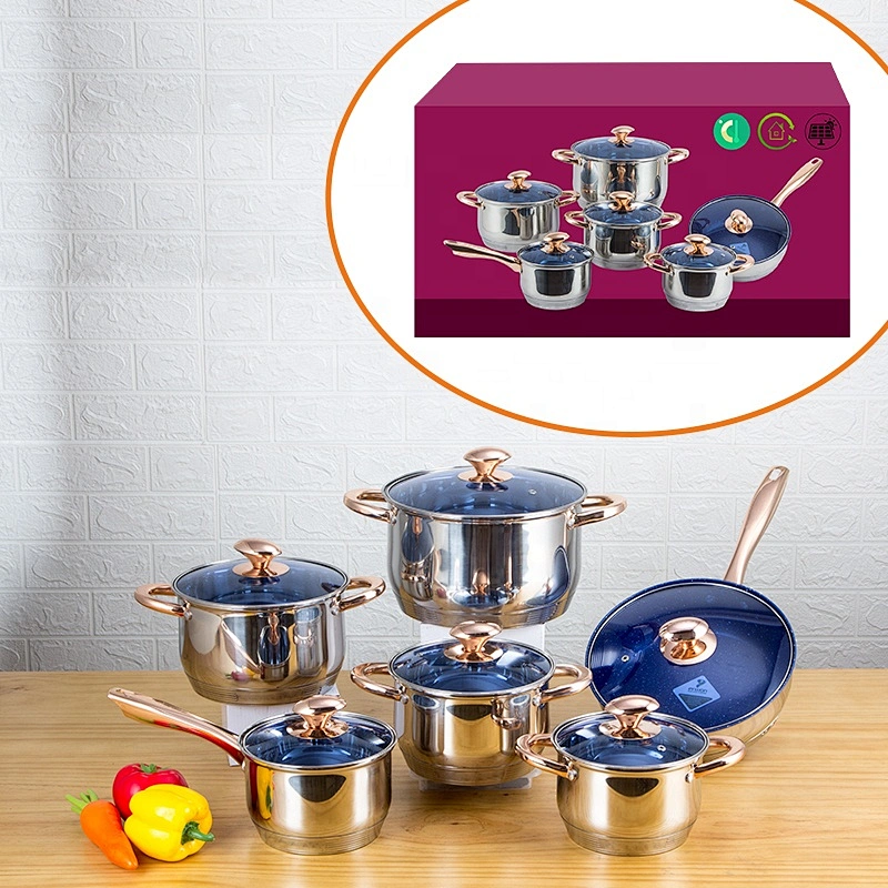 Eco friendly customized cookware kitchenware 12 pieces italian stainless steel blue marble frypan cookware set