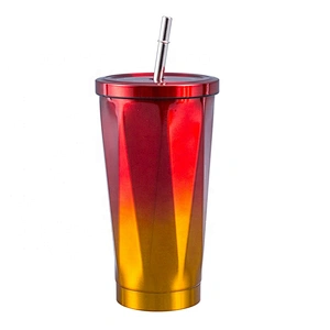 Wholesale 500ml Colorful Diamond Shape Gradient Drinking Cup Coffee Mugs Stainless Steel Water Tumbler with Straw