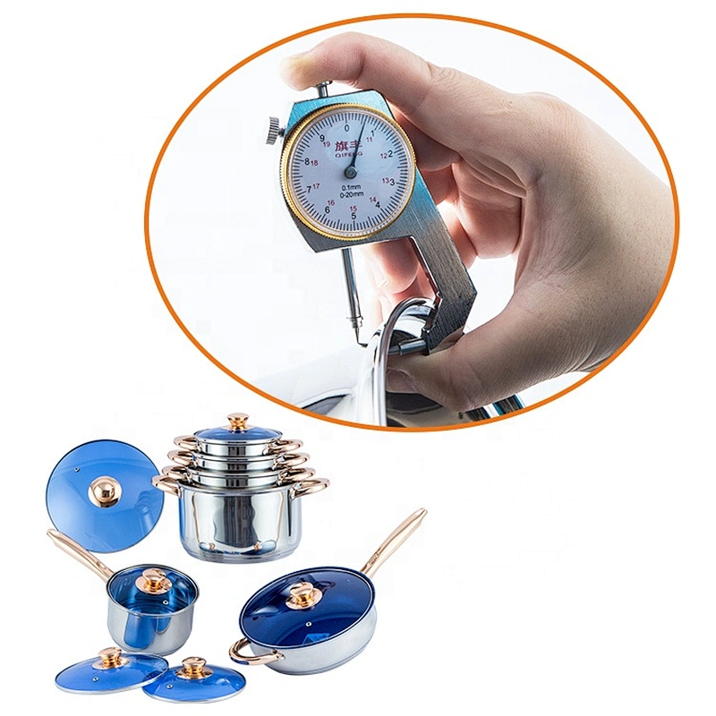 12pcs stainless steel cookware set with blue glass cover and hollow handle
