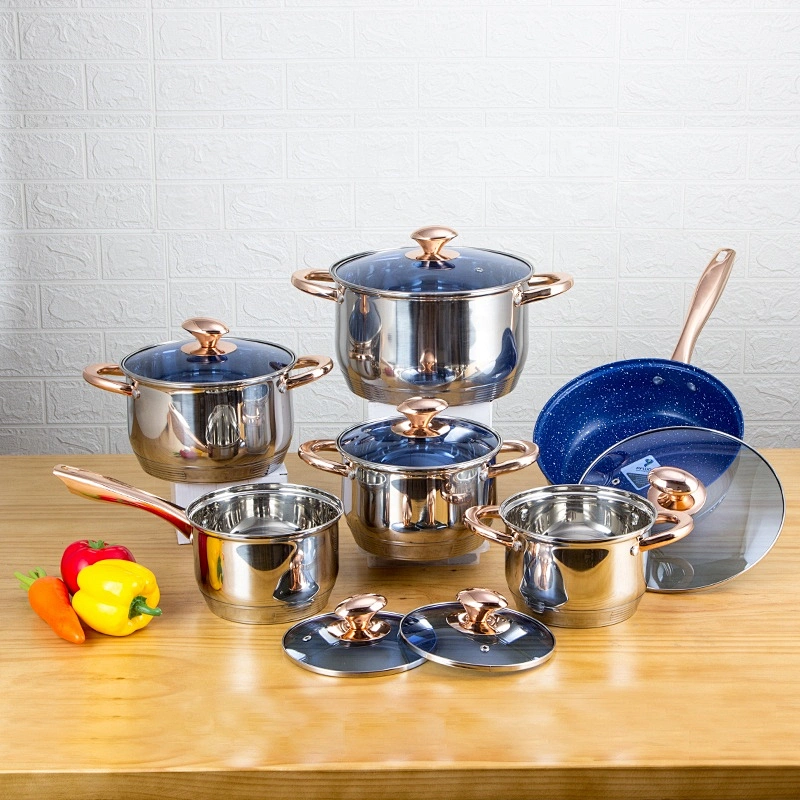 Eco friendly customized cookware kitchenware 12 pieces italian stainless steel blue marble frypan cookware set