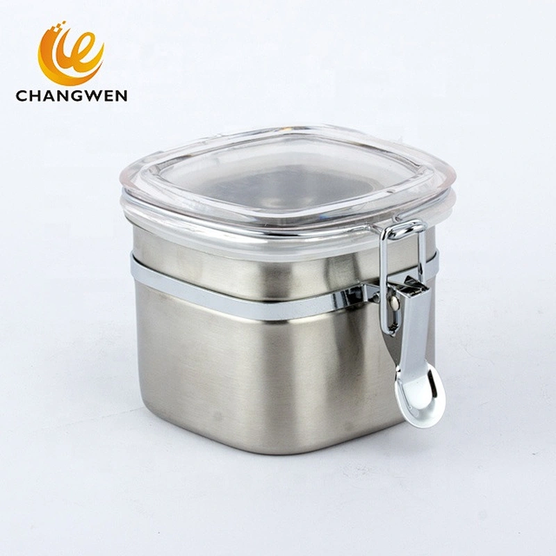 Food Sealed Airtight Square Kitchen Stainless Steel Coffee Sugar Tea Bottles Seasoning Jar Food Storage Canister Jar