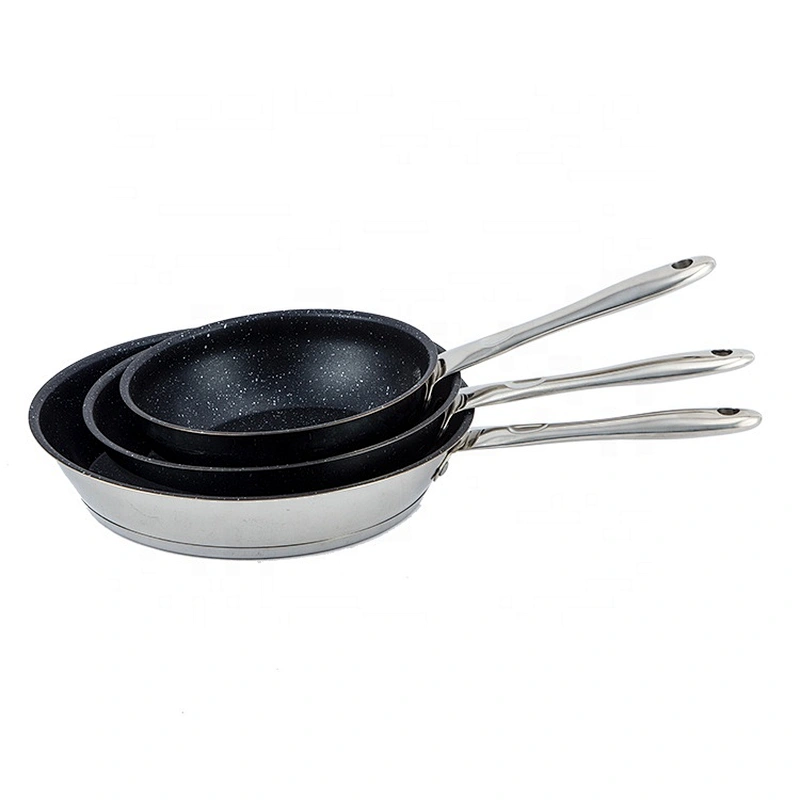 3pcs fry pans stainless steel 304 ss cookware set non stick fry pan with gold plated handle