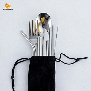 Camping Portable Travel Stainless Steel flatware Fork Spoon Chopsticks Straw Silverware 9 piece Cutlery Set
