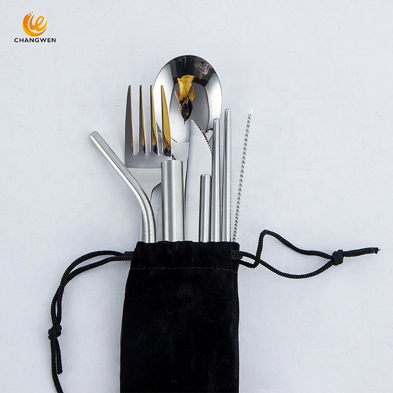 Camping Portable Travel Stainless Steel flatware Fork Spoon Chopsticks Straw Silverware 9 piece Cutlery Set