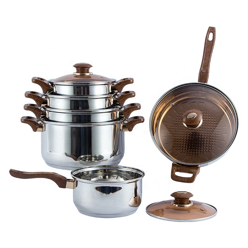Stainless Steel 201 material 12pcs cooking pot bakelite handle with Gold Plated stainless steel cookware set