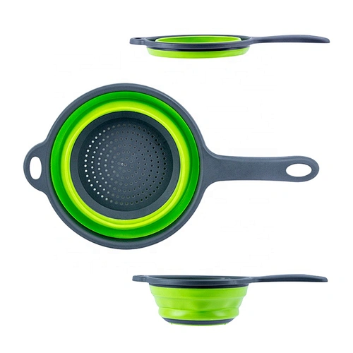 New Design collapsible Silicone Water Drain Basket Folding Fruit Vegetable Water Draining Basket with Long handle