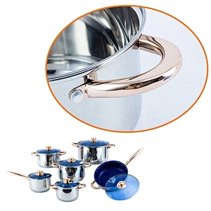 12pcs stainless steel cookware set with blue glass cover and hollow handle