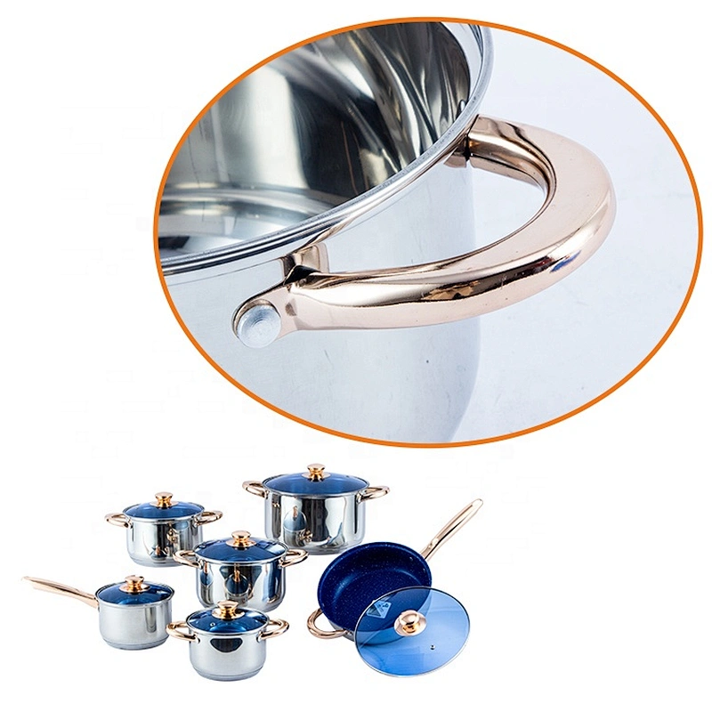 12pcs stainless steel cookware set with blue glass cover and hollow handle