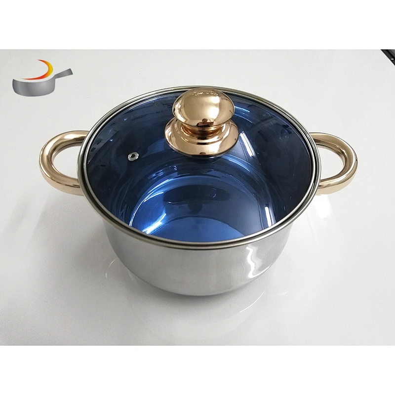 Kitchen accessories technique tri ply 12pcs Stainless Steel Cookware Sets fry pan saucepan set with ss handle gold handle