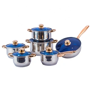 12pcs stainless steel cookware set with blue glass cover and hollow handle