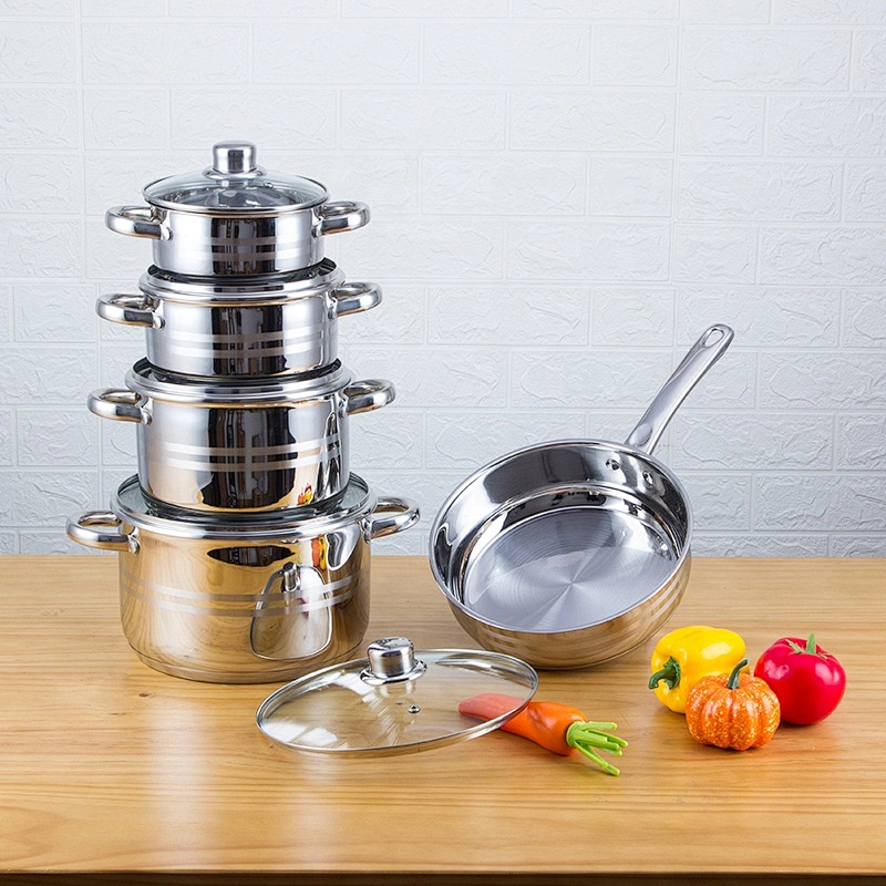 Hot sale high quality stainless steel 10 piece kitchen cookware set with glass lid