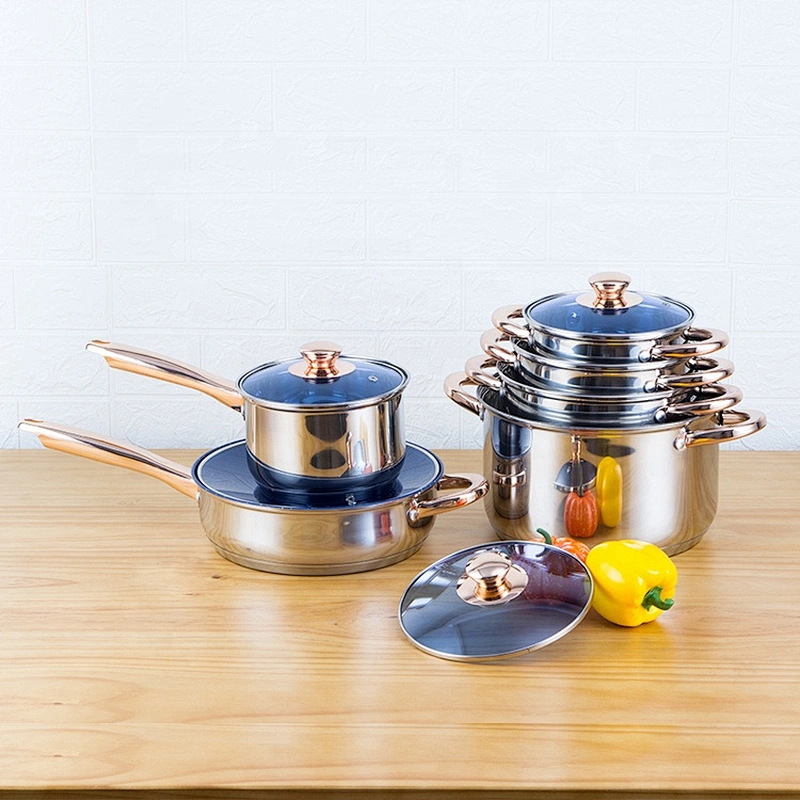 12pcs stainless steel cookware set with blue glass cover and hollow handle