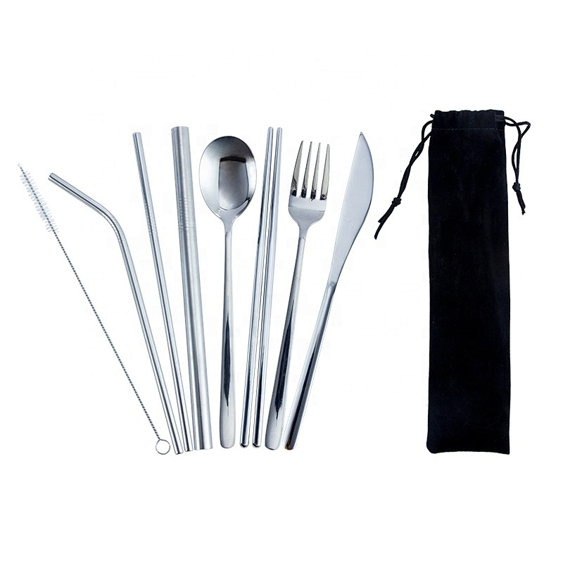 Camping Portable Travel Stainless Steel flatware Fork Spoon Chopsticks Straw Silverware 9 piece Cutlery Set
