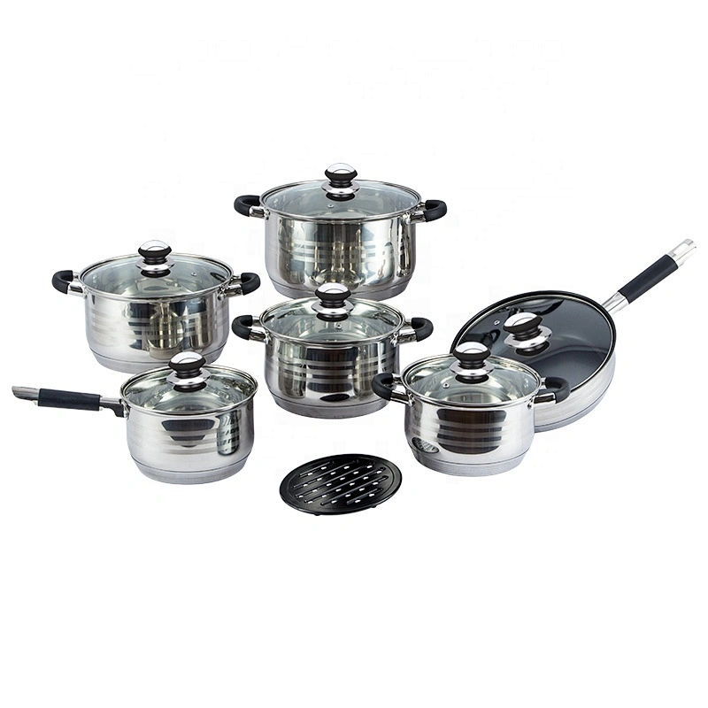 Wholesale Glass Lid Kitchen camping Stainless Steel silicone handle cooking Pot casserole sets