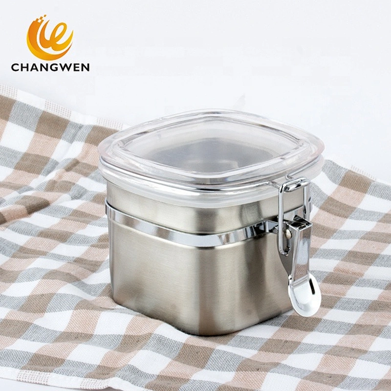 Food Sealed Airtight Square Kitchen Stainless Steel Coffee Sugar Tea Bottles Seasoning Jar Food Storage Canister Jar