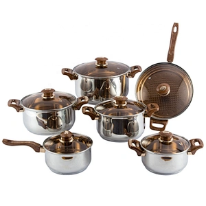 Stainless Steel 201 material 12pcs cooking pot bakelite handle with Gold Plated stainless steel cookware set